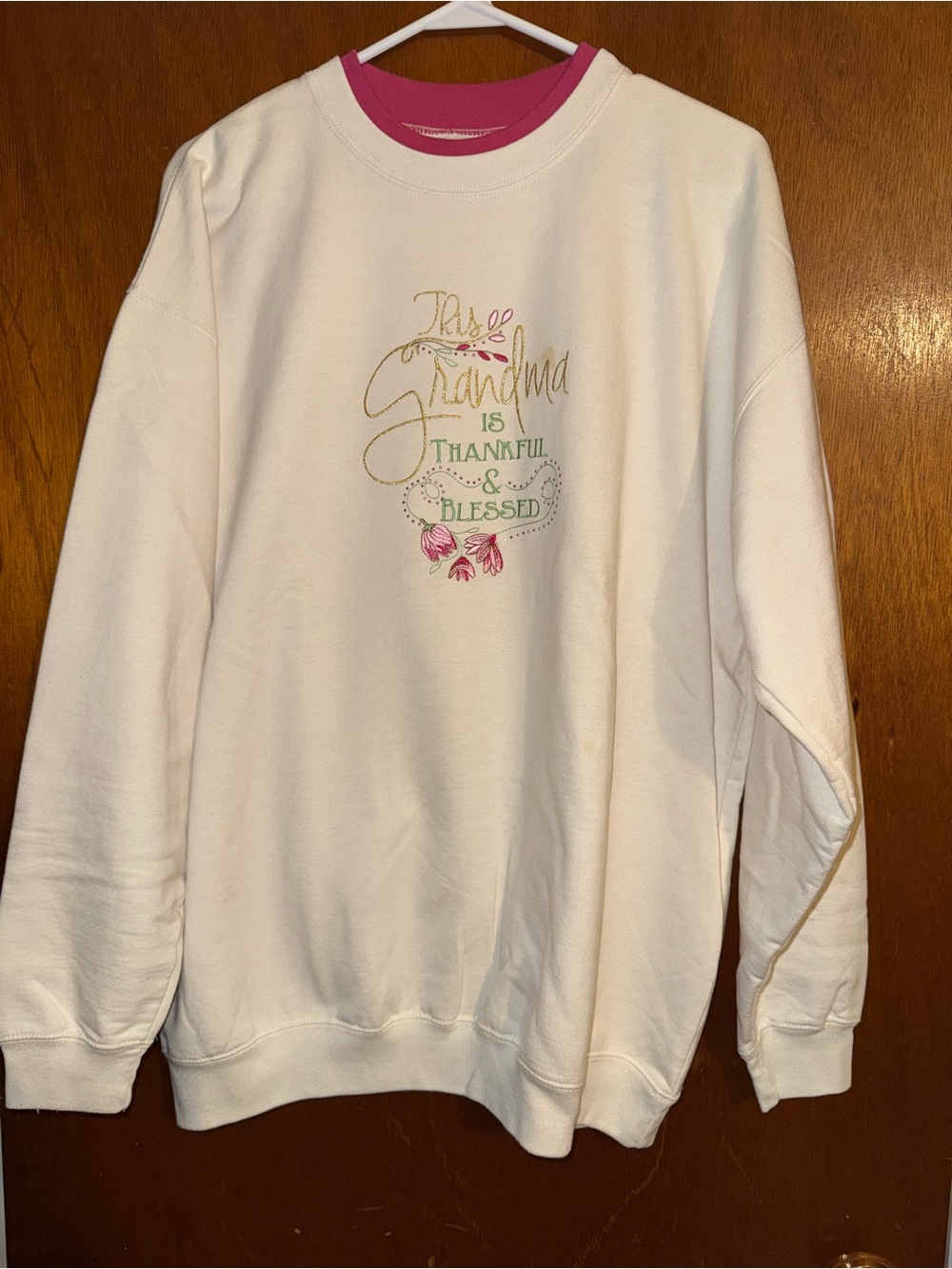 White 'Grandma Is Thankful & Blessed' Embroidered Crewneck Sweatshirt